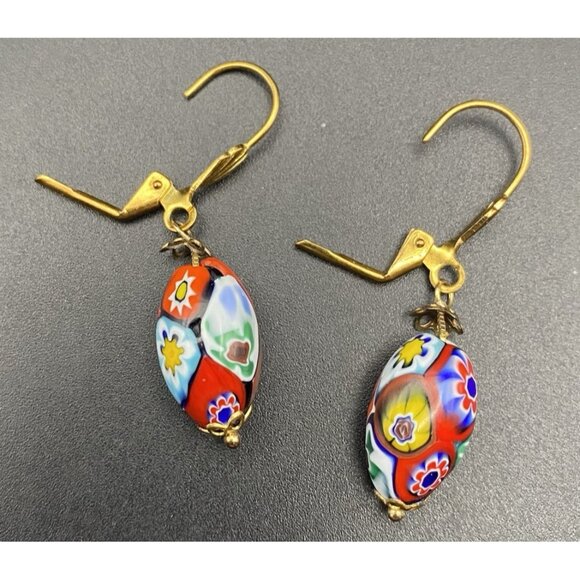 Vintage Millefiori Oval Bead Earrings Leverback Yellow Gold Plated Caps 1-5/8" - Picture 3 of 4